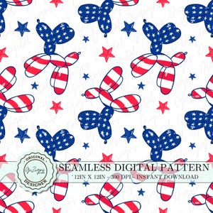 4. Juli Musterdesign, Ballon Hund Nahtloses digitales Papier Süßes Hundemuster, Hintergrund zum Unabhängigkeitstag, USA Nahtlos, Rot, Weiß, Blau
