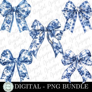 Blue Coquette Bow PNG-clipartbundel, coquetteful toile de jouy-strikken, blauw Delfts toile-strik chinoiserie-clipart, Grand Millennial Girly Fancy