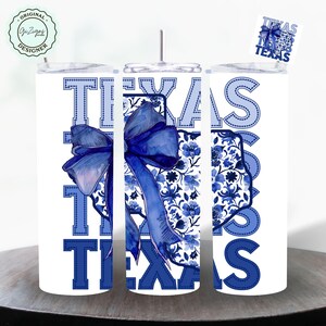 Texas Tumbler Wrap 20 oz Tumbler Wrap PNG, Coquette Bow Blue Toile Chinoiserie Floral Skinny Tumbler Vintage Girly Floral Blue Sublimation