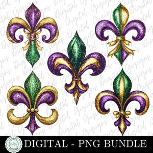 Mardi Gras PNG Glitter Mardi Gras Fleur de Lis PNG Clipart Bundle, Mardigras Mardi Gras Sublimação Gold Glitter Design Louisiana Nola