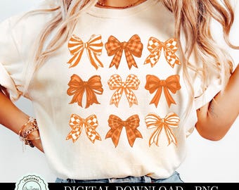 Orange Coquette PNG Clipart, Coquette Orange Checker Bow PNG Girly Striped Orange Bows PNG Grandmillenial Bow Design png, Sublimation png