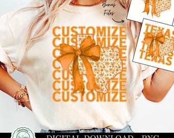 Custom Texas PNG Clipart, Orange Texas Coquette Bow, Western PNG Preppy Personalized Texas State png Team Shirt Design Sublimation Art
