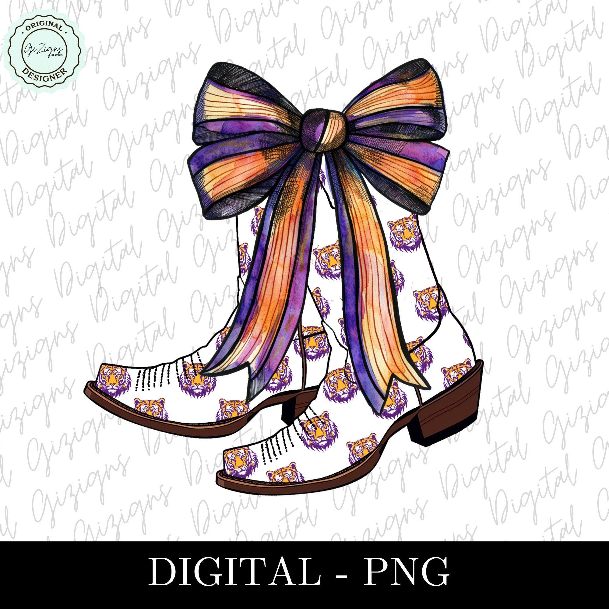 Gold and Purple Coastal Cowgirl PNG, Tigers Coquette Purple Tiger Boots Bow Grandmillennial Design PNG, Sublimation DTF Preppy, Game Day