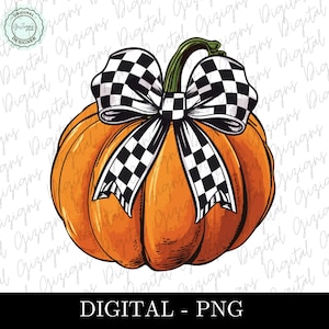 May include: A hand-drawn illustration of an orange pumpkin with a black and white checkered ribbon tied around the stem. The pumpkin is isolated on a white background.