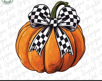 Trendy Checkered Bow Coquette Pumpkin PNG Clipart, Halloween Watercolor Racetrack Bow Pumpkin, Fall Sublimination Digital Download Design