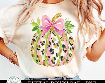 Trendy Leopard Pumpkin PNG Clipart, Cute Pink Bow Coquette Halloween Watercolor Pumpkin, Girly Fall Sublimation Digital Download Art Design