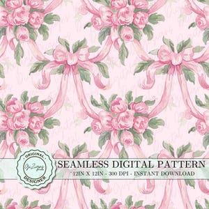 May include: A seamless digital pattern featuring pink roses and bows on a light pink background. The pattern is 12 inches by 12 inches and 300 DPI. The text "SEAMLESS DIGITAL PATTERN" is at the bottom of the image.