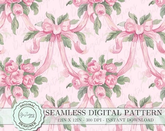 Coquette Seamless Pattern PNG, Pink Bow Repeated Pattern Digital Paper, Lovely Floral png Digital Scrapbook, Shabby Chic Repeat Design