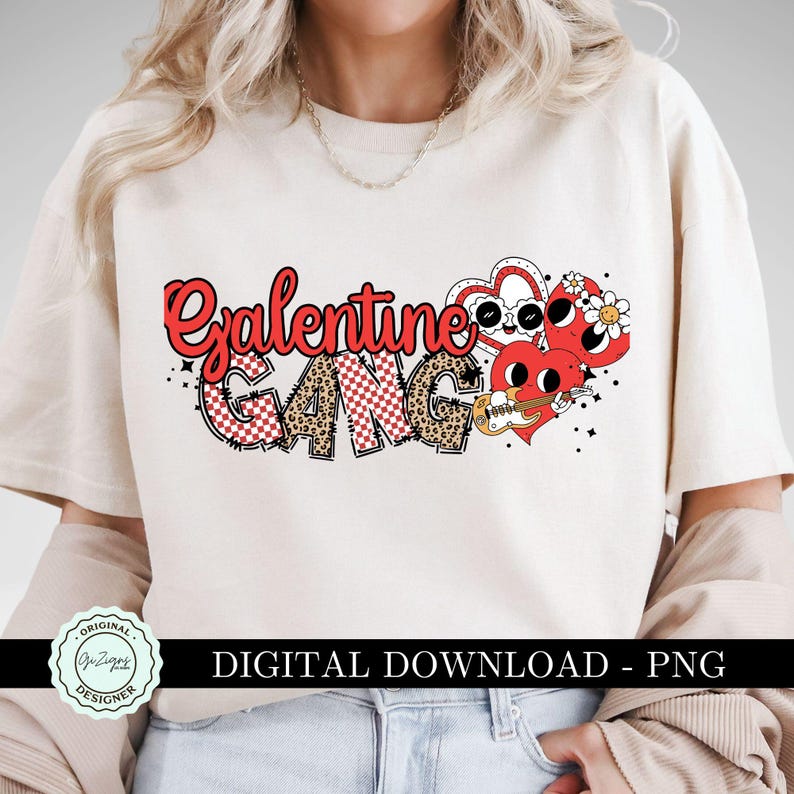 May include: A white t-shirt with the text "Galentine Gang" in red and black letters. The text is surrounded by hearts, flowers, and a guitar. The shirt is a digital download and comes in PNG format.