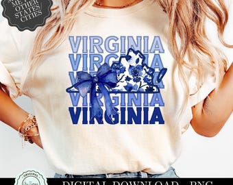 Virginia PNG File, Virginia with Bow, Virginia Coquette Blue Floral PNG, Virginia Bows png, Sublimation Shirt Design State Shirt Clipart