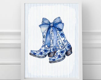 Coastal cowgirl kunst aan de muur, blauwe strik coquette boot print zuidelijke girly kamer decor, chinoiserie Western Digital, preppy kunst appartement slaapzaal