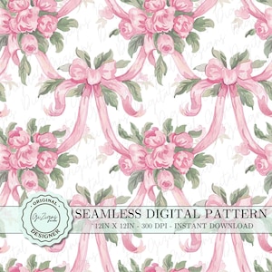 May include: A seamless digital pattern featuring pink watercolor roses and bows on a white background. The pattern is 12 inches by 12 inches and 300 DPI. It is an instant download.