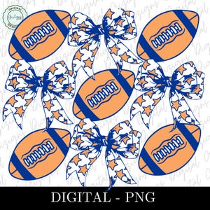 Coquette Football PNG, blauwe en oranje voetbal clipart strik PNG, Game Day Shirt Design, oranje strikken blauwe strikken ster esthetische sublimatie