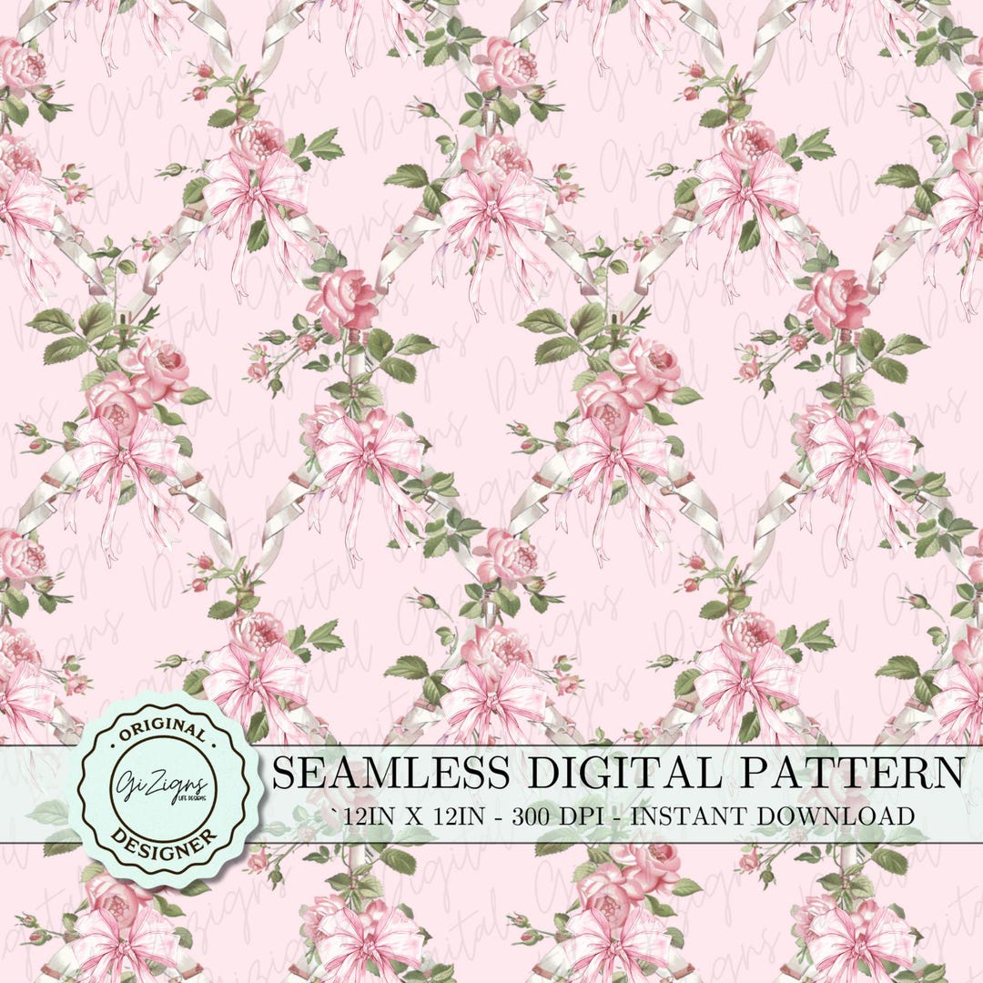 Pink Floral Coquette Seamless Pattern PNG SVG, Vintage Pink Flower Bow ...
