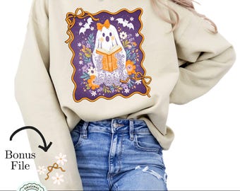 Bookish Halloween Ghost png, Cute Retro Ghost Reading Book png, Librarian Ghost Clipart Shirt Design, Booklover Lace Ghost Reading Club Art