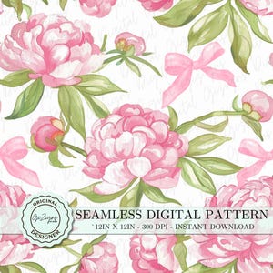 Vintage Pink Peony Coquette Seamless Pattern PNG SVG, Pink Floral Bow Repeat Pattern Digital Paper Wallpaper Paper, Nursery Flowered Pattern