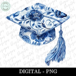 Blauw-witte afstudeerpet png, coquette afstuderen clipart, blauwe chinoiserie hoed met blauwe bloemen, Delfts blauw ontwerp png-sublimatie DTF