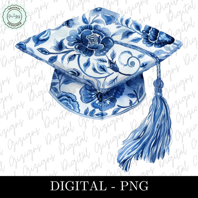 May include: A blue and white graduation cap with a floral pattern and a blue tassel. The cap is decorated with a blue and white floral design.