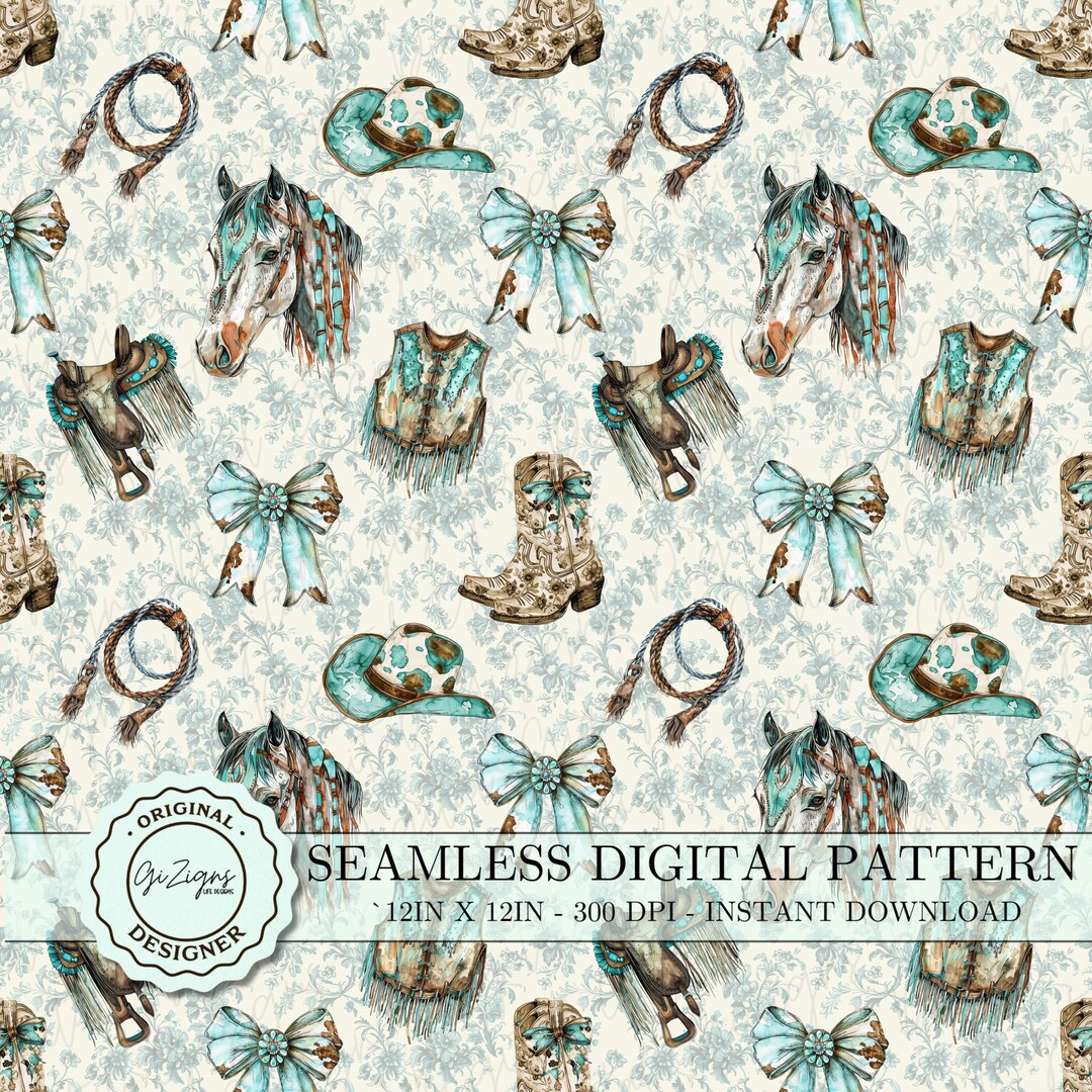 Vintage Turquoise Country Western Cowboy Pattern Digital Paper Country ...