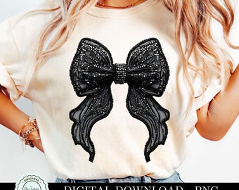 Black Bow png, Dark Coquette PNG ClipArt, Faux Glitter Sequin Coquette Design Preppy Fancy Bows Retro Bow Clip Art, Black Ribbon Sublimation