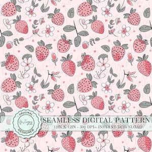Trendy Cute Strawberry Seamless Pattern PNG, Strawberries and Flowers Digital Paper Wallpaper Scrapbook Paper Retro Girly Fabric Design png