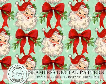 Ecru Vintage Christmas Santa Digital Paper, Red Santa Claus Seamless Pattern Printable Paper, Digital Scrapbook Wallpaper PNG File
