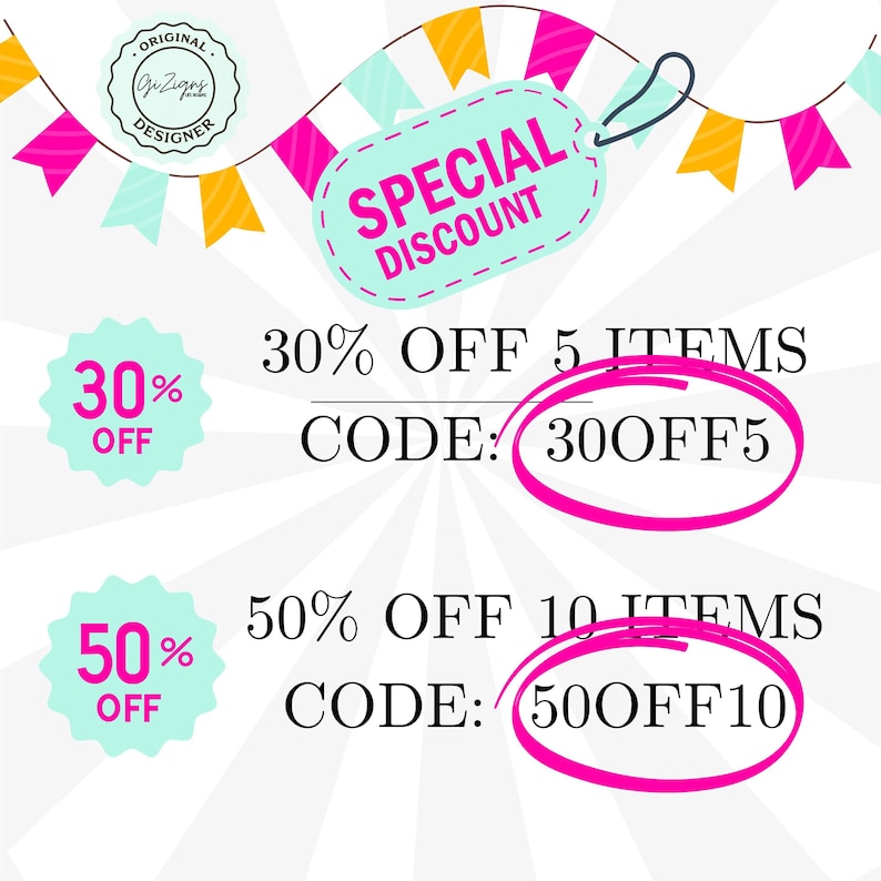K&ouml;nnte beinhalten: Eine bunte Grafik mit einem besonderen Rabattangebot. Erhalten Sie 30% Rabatt auf 5 Artikel mit dem Code 30OFF5 oder 50% Rabatt auf 10 Artikel mit dem Code 50OFF10.