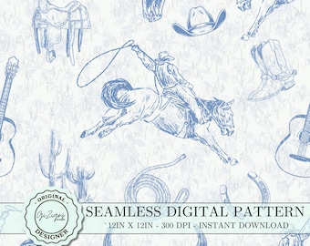 Blue Toile Coastal Cowgirl Pattern Digital Paper Country Chinoiserie Western Cowboy Printable Paper, Rodeo Digital Scrapbook Wallpaper PNG