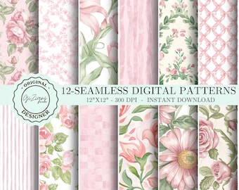 May include: Twelve seamless digital patterns featuring pink and green floral designs. The patterns are 12 inches by 12 inches and 300 DPI.