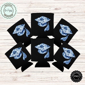 May include: Six black can coolers with a blue and white graduation cap design. The caps have a floral pattern.