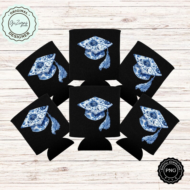 May include: Six black can coolers with a blue and white graduation cap design. The caps have a floral pattern.