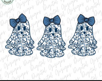 Cute Blue Toile Boujee Ghost PNG, Coquette Blue Floral Halloween Bow Ghost Clipart PNG, Retro Girly Feminine Aesthetic Sublimination PNG
