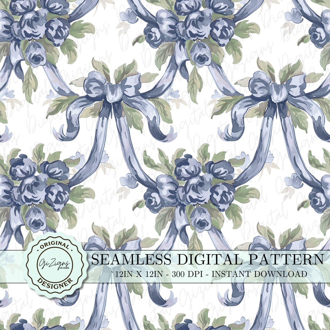 Coquette Bow Seamless Pattern PNG, Blue Bows Vintage Floral Repeated ...