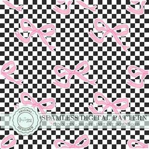 May include: A seamless digital pattern featuring pink bows on a black and white checkered background. The pattern is 12 inches by 12 inches and 300 DPI. The text "ORIGINAL. Gi Zigny DESIGNER" is in a circle at the bottom left of the image.