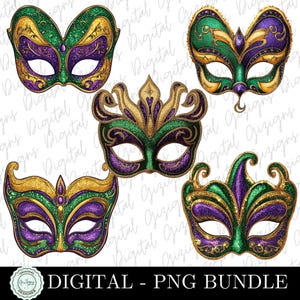 Mardi Gras PNG glitter maskerade masker PNG clipart bundel, mardigras Venetiaans masker sublimatie gouden glitter ontwerp Louisiana Nola