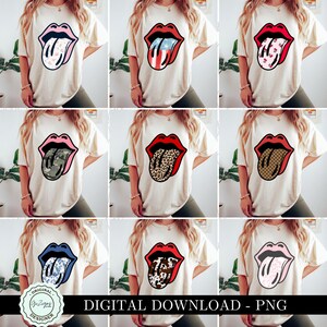 K&ouml;nnte beinhalten: Neun digitale Designs eines wei&szlig;en T-Shirts mit einem roten Mund und einer herausgestreckten Zunge. Jede Zunge hat ein anderes Muster: Blumen, amerikanische Flagge, rosa Blumen, Tarnung, Leopardenmuster, kariert, blaue Blumen, Kuhmuster und rosa Blumen.
