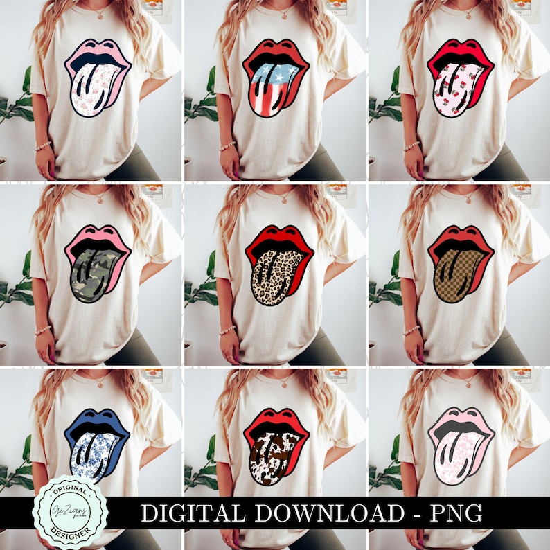 K&ouml;nnte beinhalten: Neun digitale Designs eines wei&szlig;en T-Shirts mit einem roten Mund und einer herausgestreckten Zunge. Jede Zunge hat ein anderes Muster: Blumen, amerikanische Flagge, rosa Blumen, Tarnung, Leopardenmuster, kariert, blaue Blumen, Kuhmuster und rosa Blumen.