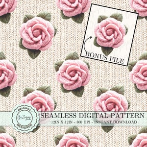 Chunky Vintage Knit Pink Rose Nahtlose Muster PNG, gestrickte Rosa Blume Digitales Papier Tapete Scrapbook Papier Retro Shabby Chic Design png