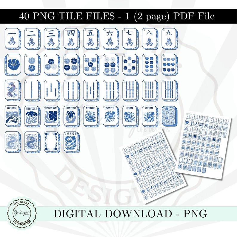 Puede incluir: Una descarga digital con 40 archivos de mosaicos PNG. Los mosaicos son blancos con ilustraciones azules y caracteres chinos. Tambi&eacute;n se ve el texto "DIGITAL DOWNLOAD - PNG".