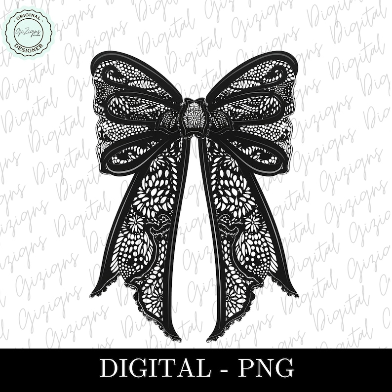 May include: A black and white lace bow with intricate details. The bow is tied in a classic style with the ends of the ribbon flowing down.
