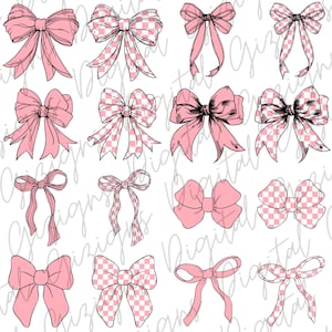 Pink Checkered Bow Y2K Coquette PNG ClipArt Bundle, Preppy png Watercolor Retro Bow Clip Art Pink Ribbon Sublimination Shirt Design UV DTF