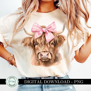Trendy Pink Bow Cowgirl Highland Cow Heifer PNG, Girlie Western Clipart, Country Feminine Floral Rodeo Aesthetic Sublimation Commercial