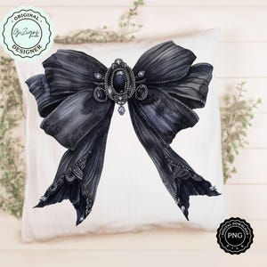 May include: A black satin bow with a large, ornate jeweled center. The bow is tied with a knot in the center and has a slightly distressed look.