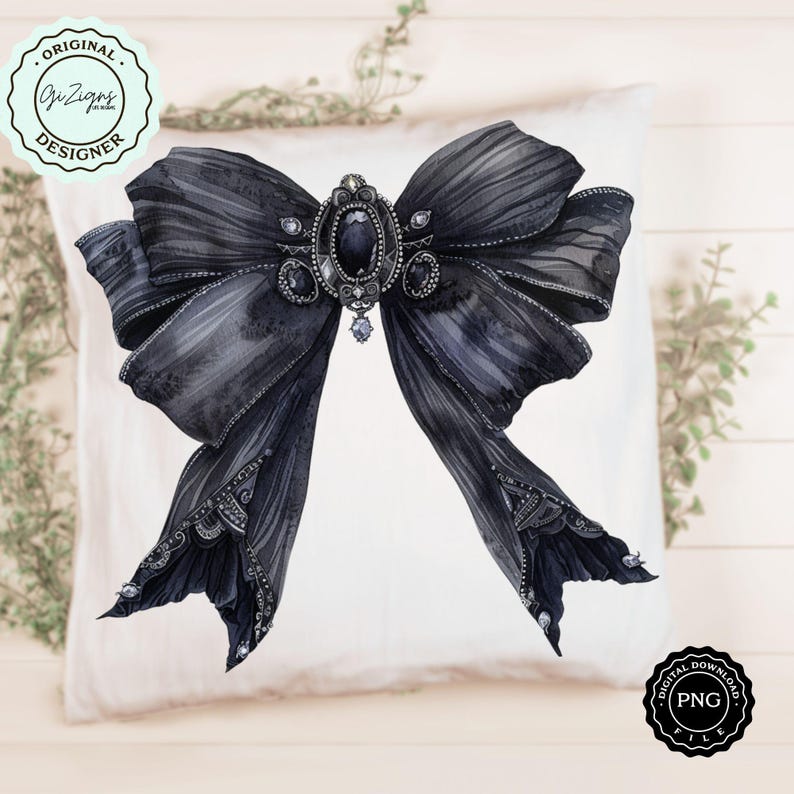 May include: A black satin bow with a large, ornate jeweled center. The bow is tied with a knot in the center and has a slightly distressed look.