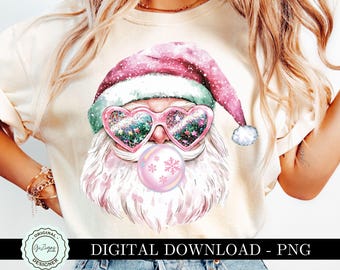 Trendy Pink Vintage Santa PNG Clipart, Santa Blowing Bubble Coquette Pink Christmas Santa T-Shirt Design, Girly Christmas Sublimation png