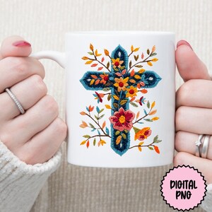Trendy Floral Cross Faux Embroidery PNG Clipart, Cross PNG, Floral Clip Art, Flowers Clip Art, Sublimination Embroidery Digital Download image 4