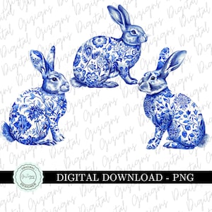 Blue Toile Bunny PNG Clipart Bundle, Blue Willow Easter Rabbits Chinoiserie Floral Clipart Grandmillenial Bunnies Sublimation Designs Delft
