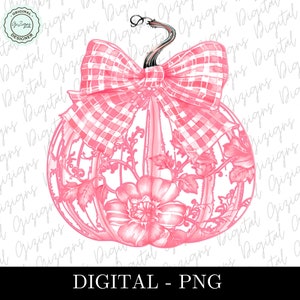 May include: A pink and white gingham bow sits atop a pink pumpkin with floral details. The pumpkin is outlined in black and has a white background.