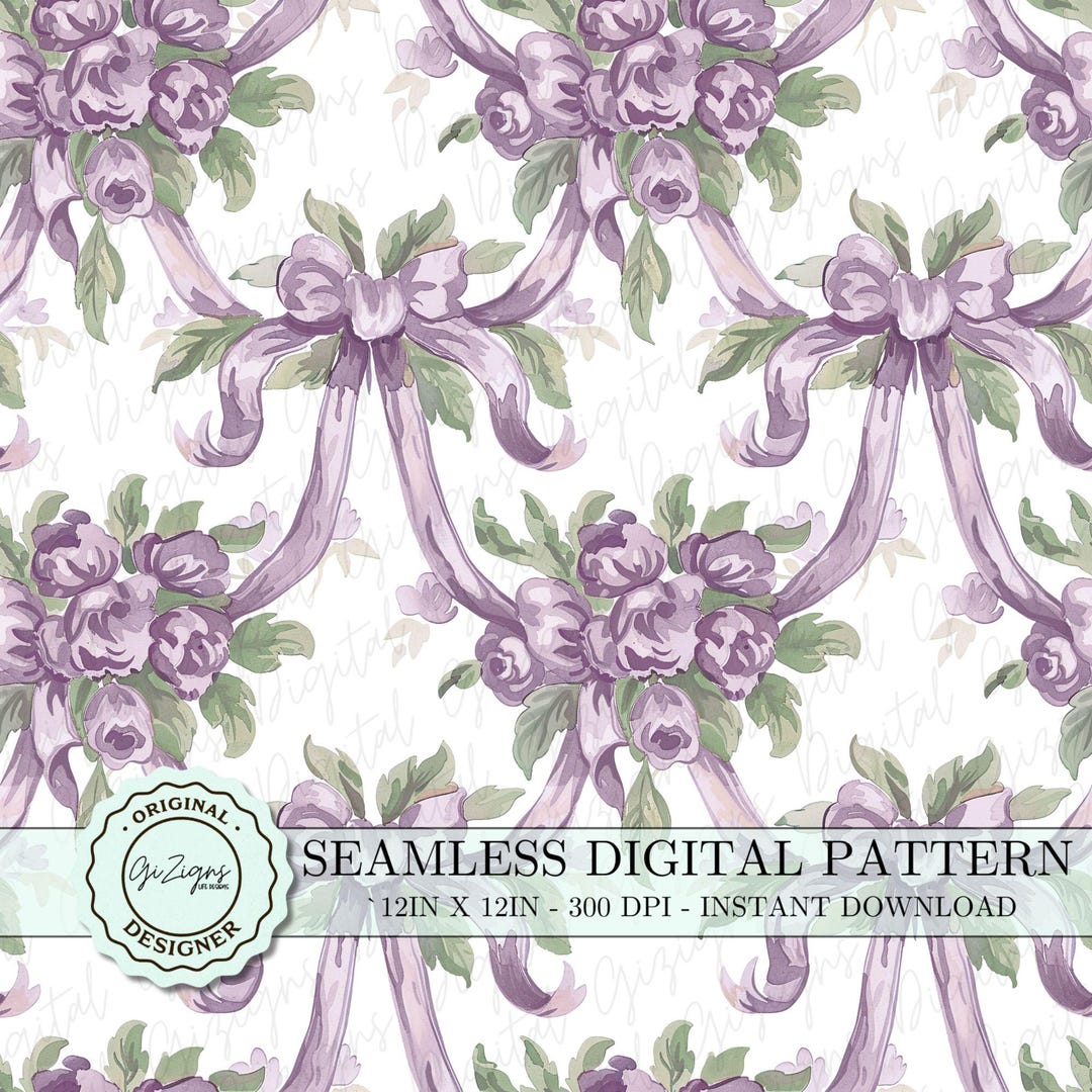 Coquette Bow Seamless Pattern PNG, Purple Bows Vintage Floral Repeated ...