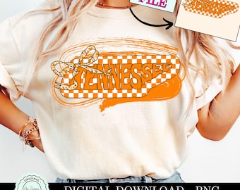 May include: A white t-shirt with an orange and white checkered Tennessee state outline graphic. The graphic has a gold bow on the top. The text "DIGITAL DOWNLOAD - PNG" is at the bottom of the image.